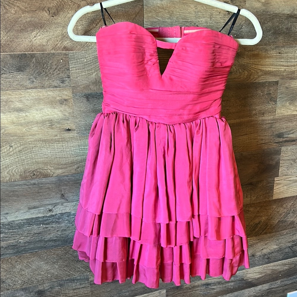 NWT Bebe Strapless Pink Tiered Ruffled Mini Dress *Missing Belt/ Clasp Re Sewn*